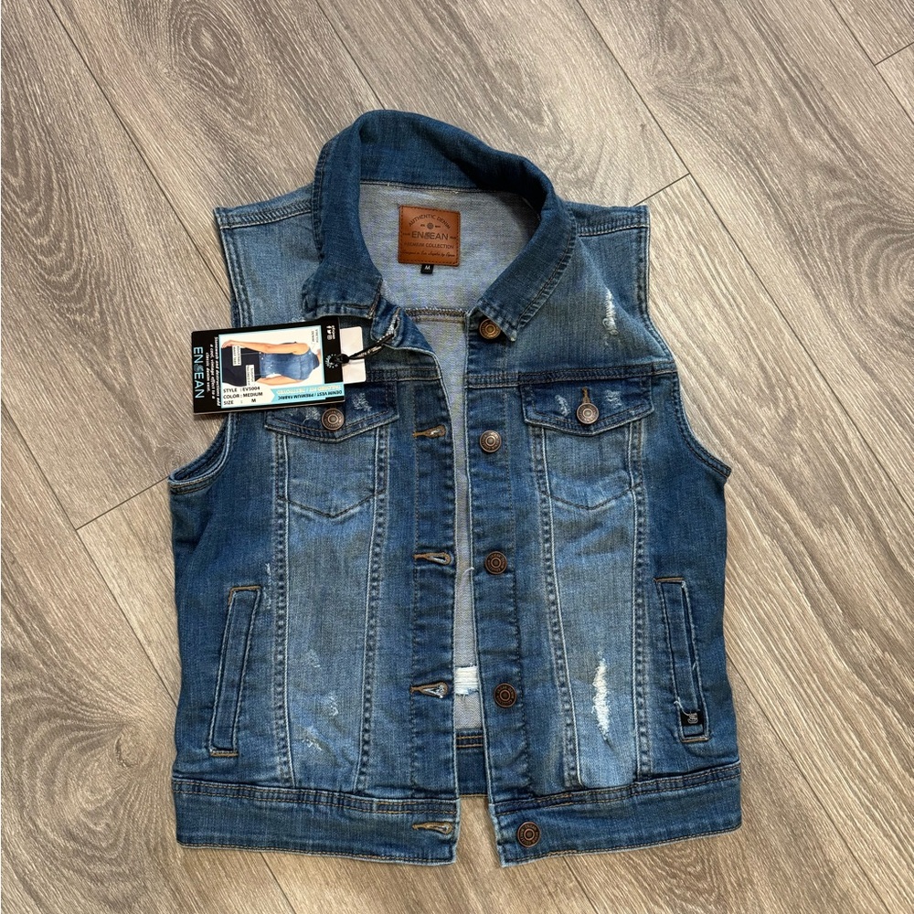 Blue Denim Vest with Distressed Details